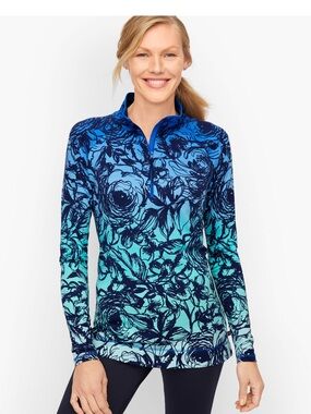 T by Talbots (Size Petite Large) Blue and Teal Floral Half-Zip Pullover